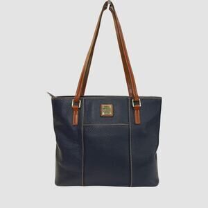 Dooney & Bourke Pebble Leather Tote Navy Blue Tan Trim Red Lining Shoulder Bag